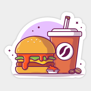 Burger with Coffee and Ketchup Cartoon Vector Icon Illustration Sticker